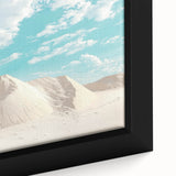 Close-up of a framed desert landscape canvas print showcasing warm earth tones and intricate details, perfect for enhancing home decor with a serene vibe.