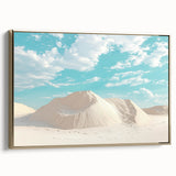 Framed canvas artwork depicting a scenic desert landscape with golden hues and intricate details, showcased in a stylish gold frame, perfect for home decor.