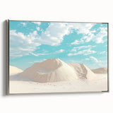 Framed canvas artwork showcasing a vibrant desert landscape with striking colors, featuring a sleek silver frame, ideal for modern home decor. Perfect for enhancing living spaces with a touch of nature's beauty.
