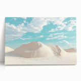 Desert landscape stretched canvas artwork, showcasing vibrant orange and yellow hues of a sunset sky over rolling sand dunes, ideal for home decor.