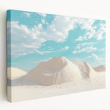 Vibrant desert landscape stretched canvas art showcasing warm hues of orange and yellow, depicting a serene sunset over sand dunes, perfect for home decor.