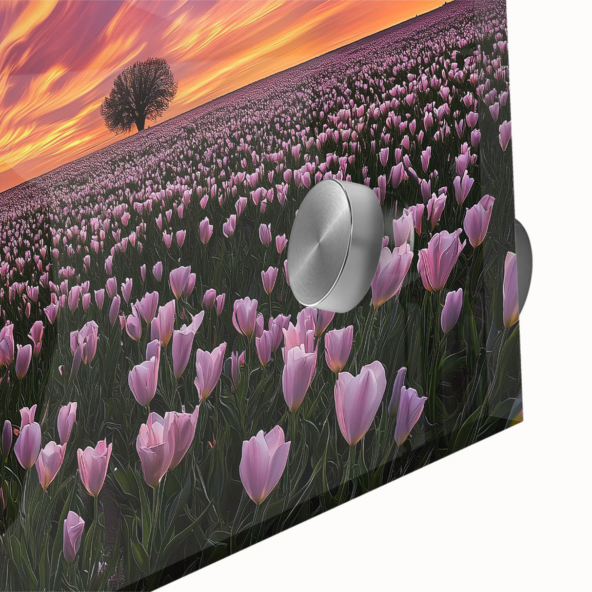 Close-up of a vibrant acrylic glass artwork depicting lush green fields under a blue sky, showcasing intricate details and textures that enhance its visual appeal. This landscape design captures the essence of nature, perfect for home decor.