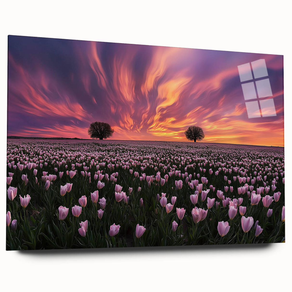 Acrylic glass artwork showcasing a vibrant landscape of rolling fields, displayed from a side view, emphasizing its polished edges and rich colors. Perfect for modern decor.