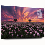 Acrylic glass artwork showcasing a vibrant landscape of rolling fields, displayed from a side view, emphasizing its polished edges and rich colors. Perfect for modern decor.