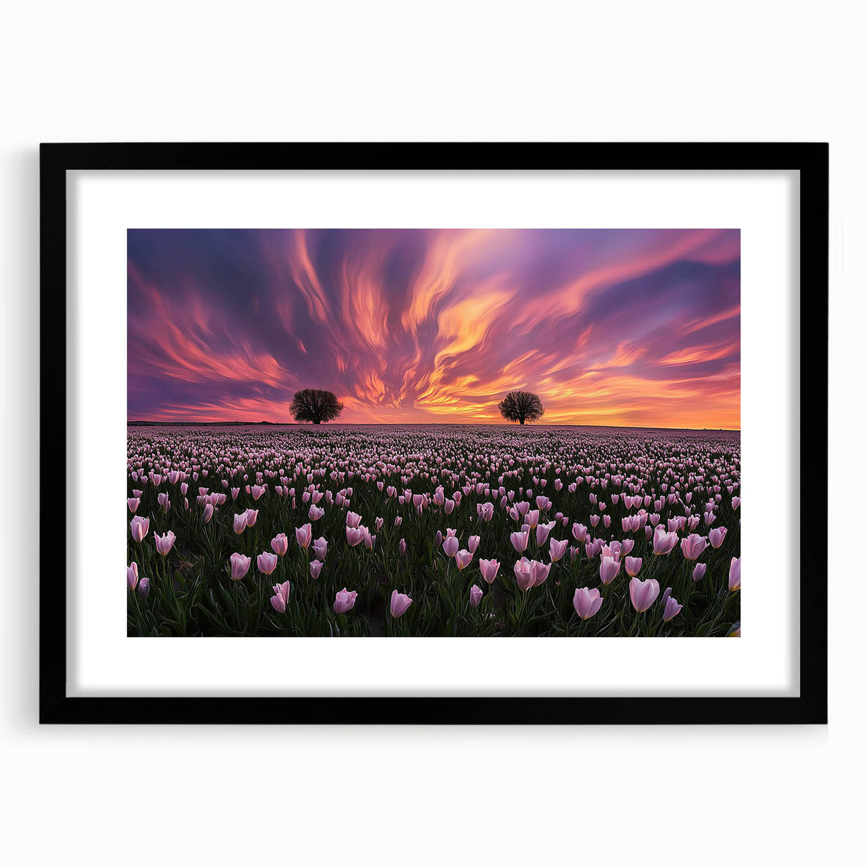 Black-framed landscape artwork featuring vibrant fields, displayed with a white mat for contrast, ideal for home or office decor. Perfect for nature enthusiasts.