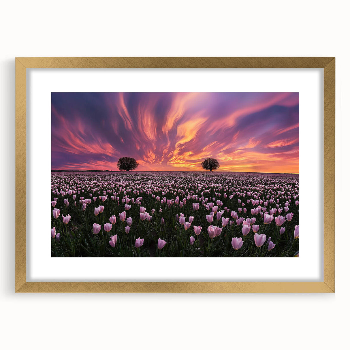 Elegant gold-framed landscape artwork featuring vibrant fields and serene natural scenery, beautifully matted for an upscale presentation, ideal for home decor.