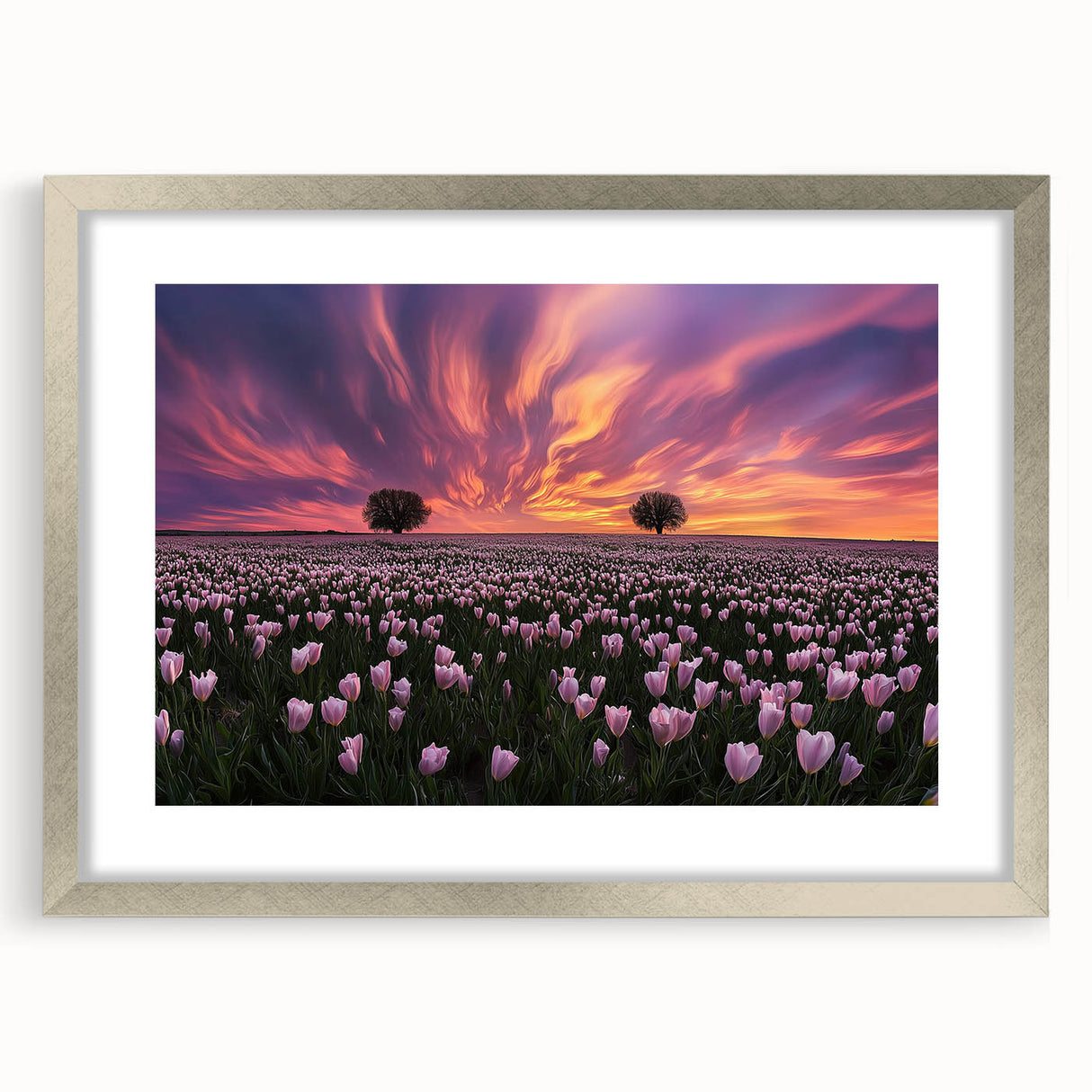 Framed landscape artwork featuring serene green fields under a clear blue sky, surrounded by a sleek silver mat, perfect for enhancing modern home decor.