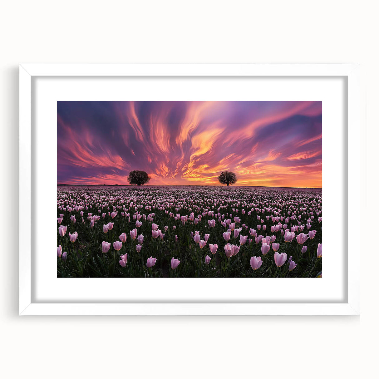 Framed landscape artwork featuring vibrant green fields and a serene blue sky, elegantly presented with a white mat, ideal for home decor and enhancing living spaces.