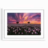 Framed landscape artwork featuring vibrant green fields and a serene blue sky, elegantly presented with a white mat, ideal for home decor and enhancing living spaces.