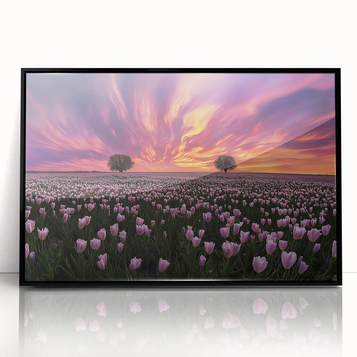 Framed acrylic artwork depicting a vibrant landscape of rolling fields in shades of green and yellow, set in a sleek black frame, perfect for modern decor.