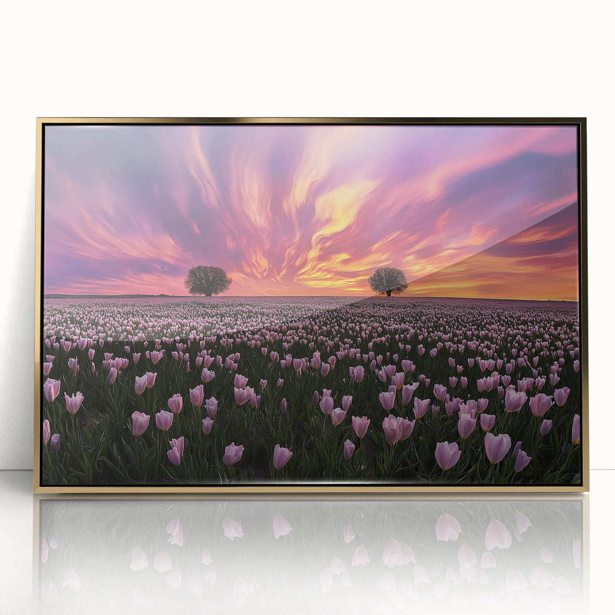 Framed acrylic artwork showcasing a vibrant landscape field with golden accents, perfect for modern home décor. Ideal for enhancing living spaces with nature-inspired elegance.