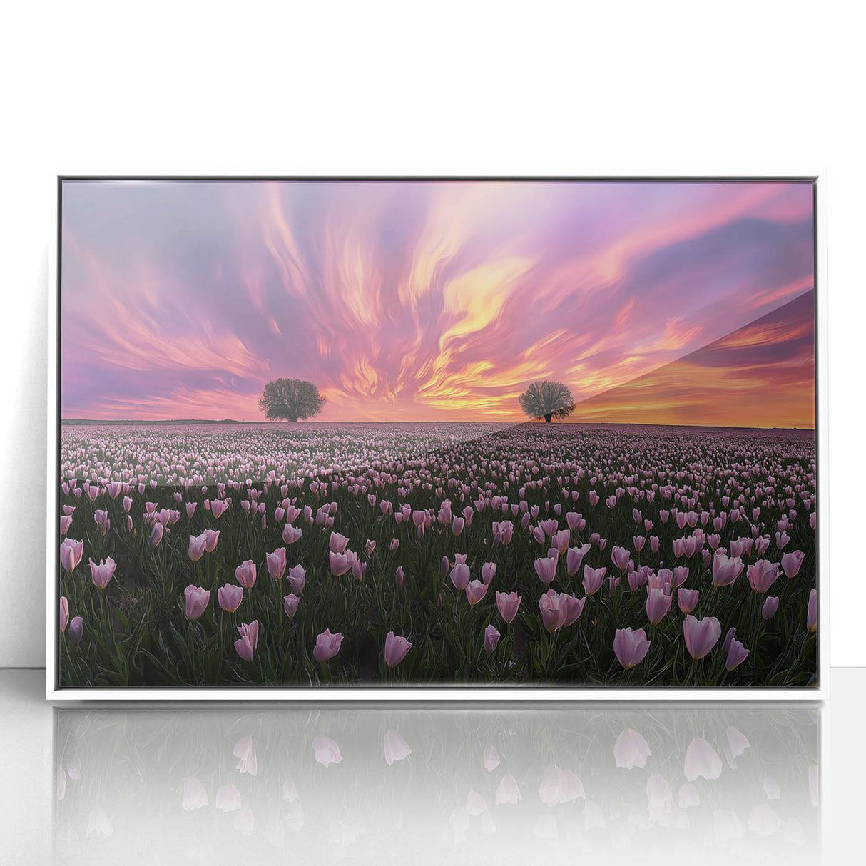 Framed acrylic landscape artwork showcasing vibrant green fields under a blue sky, featuring a sleek white frame that enhances its modern aesthetic. Perfect for contemporary home decor.