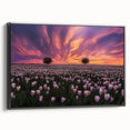 Framed canvas artwork showcasing a vibrant landscape of rolling fields in rich green and gold hues, presented in a sleek black frame, ideal for home decor.