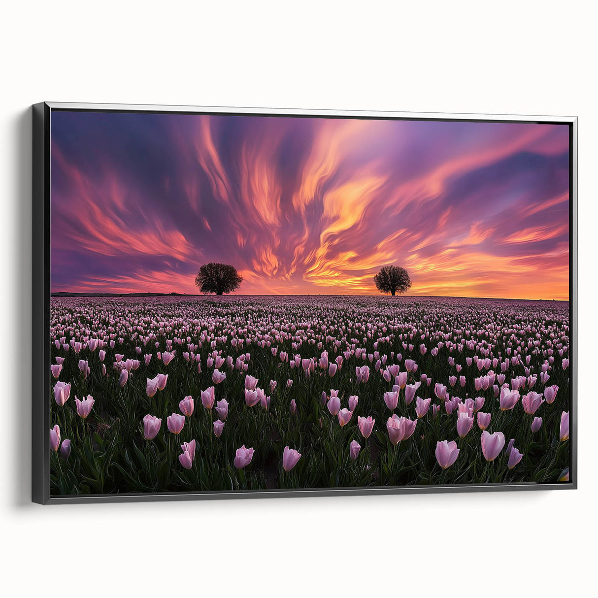 Framed canvas artwork showcasing a vibrant landscape of rolling fields in rich green and gold hues, presented in a sleek black frame, ideal for home decor.