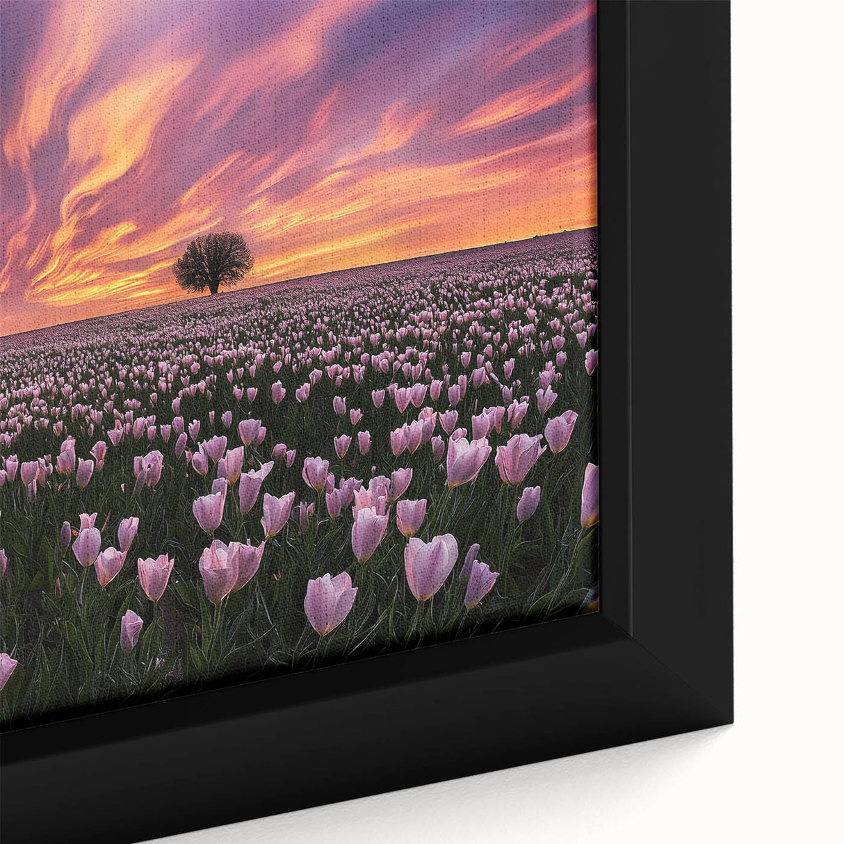 Close-up of a vibrant framed canvas depicting a serene landscape with lush green fields and a clear blue sky, perfect for home decor. This artwork adds a calming touch to any space.