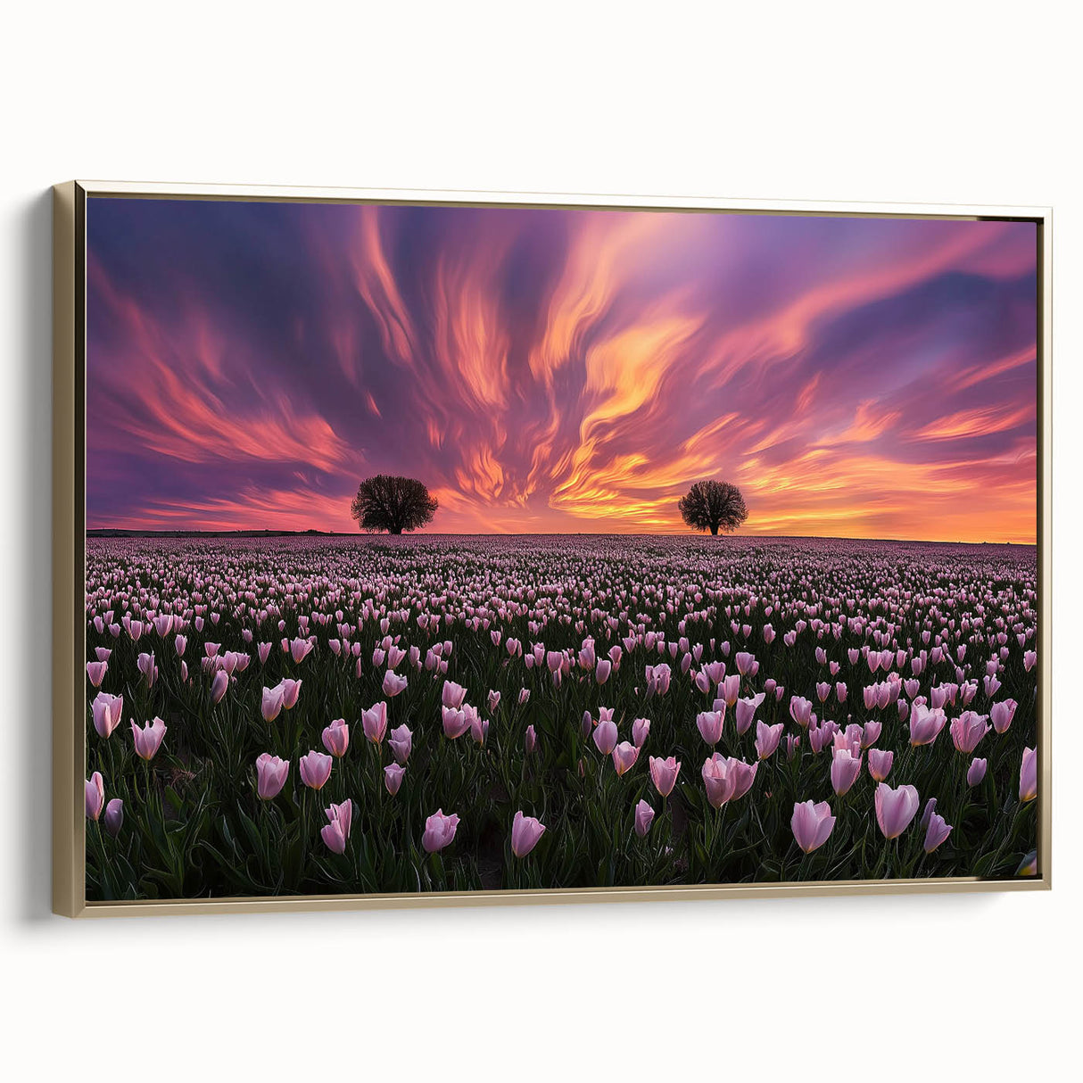 Framed canvas artwork depicting a serene landscape with golden accents, showcasing vibrant fields under a clear sky, perfect for home decor enhancement.