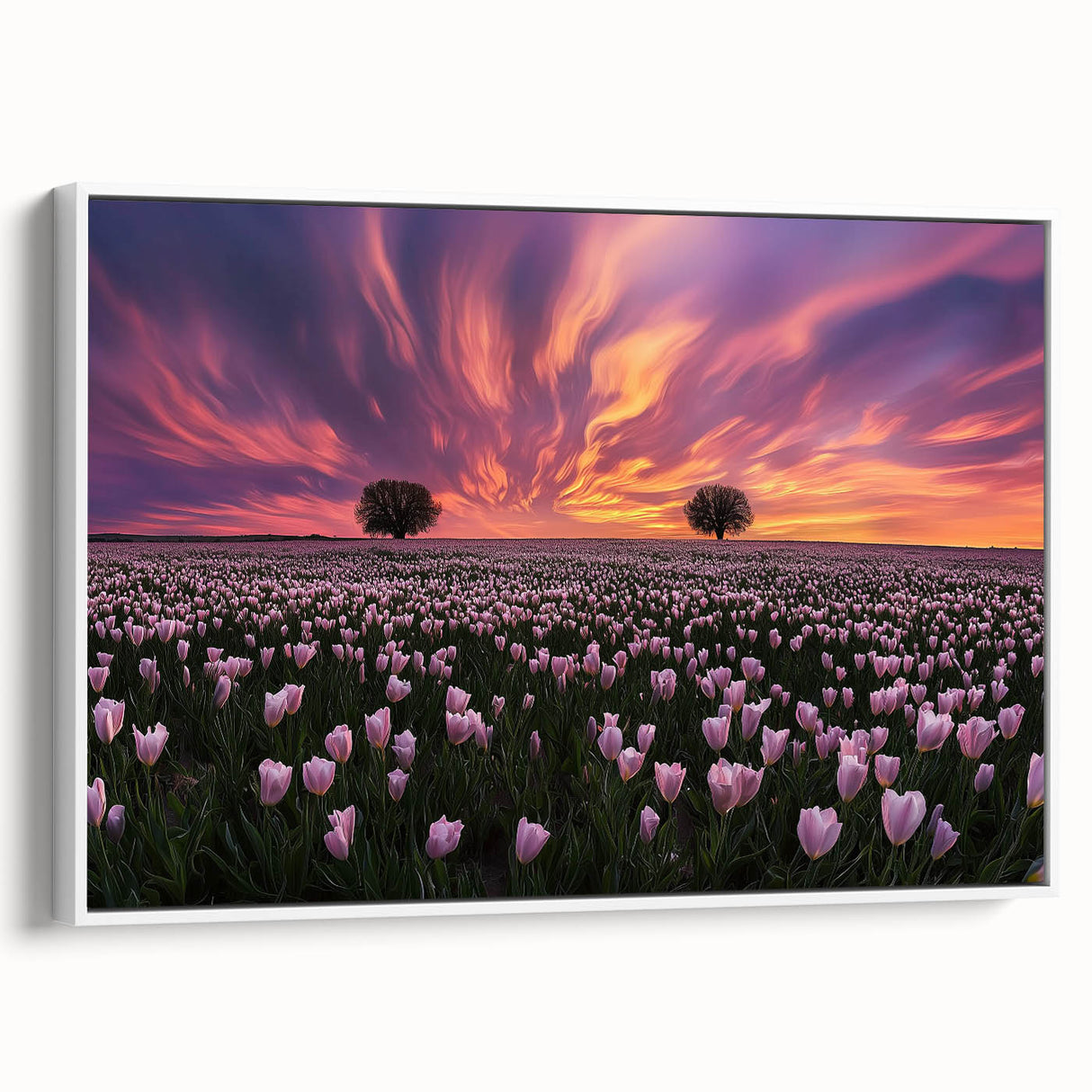 Framed canvas art showcasing a serene landscape of rolling fields under a clear blue sky, presented from a white side view, perfect for modern decor.