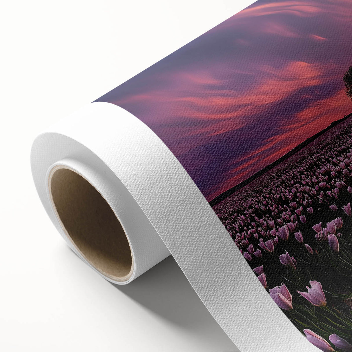 Rolling landscape canvas print showcasing vibrant green fields under a bright blue sky, beautifully packaged in a protective cardboard tube for easy transport.