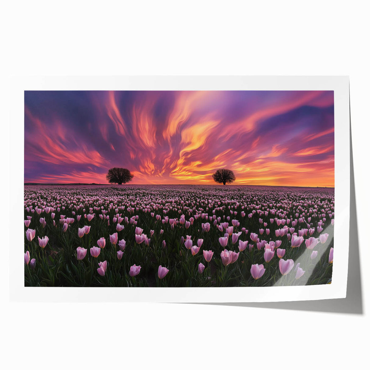 Vibrant landscape print showcasing rolling green fields under a blue sky, rolled neatly in a protective cardboard tube, ideal for home or office decor.