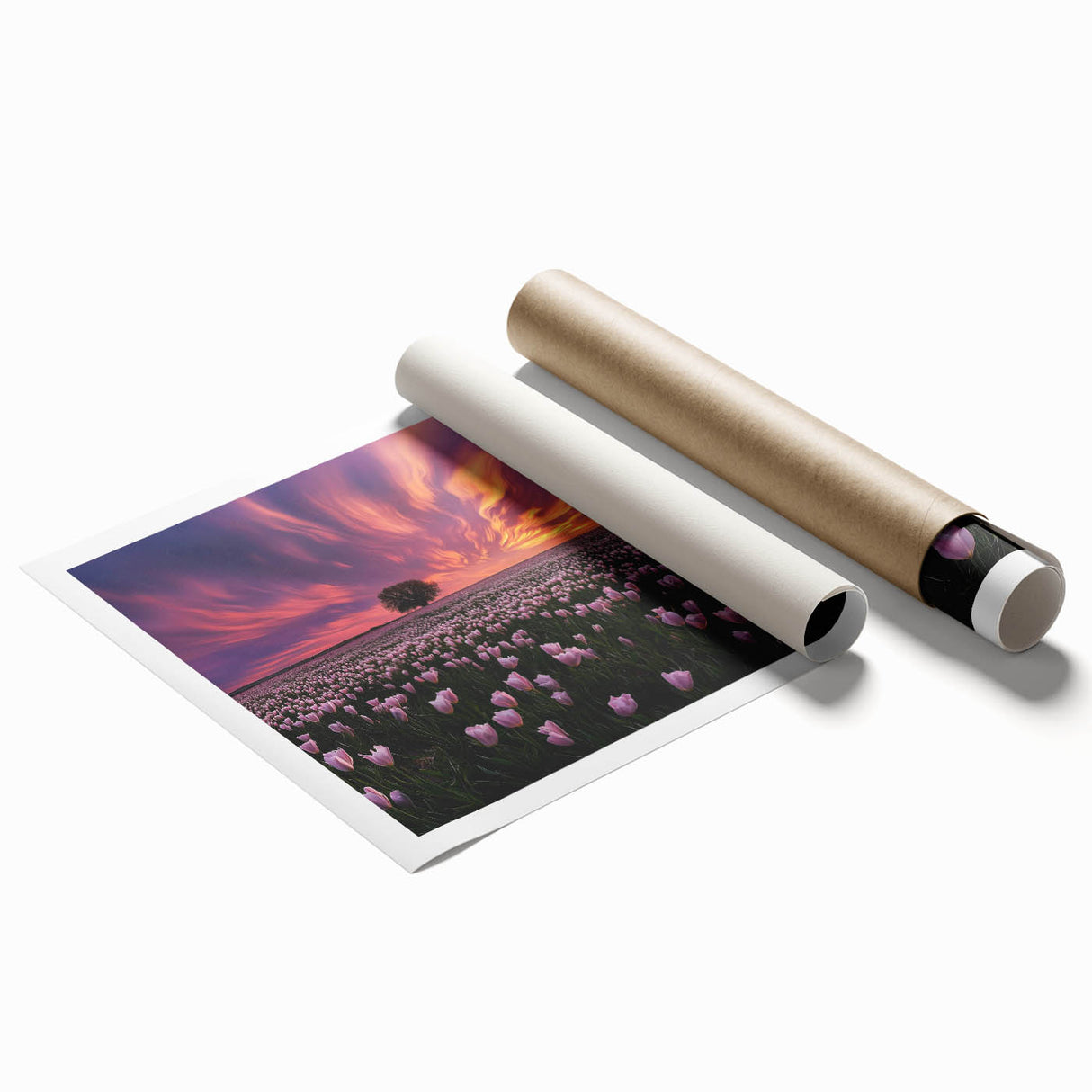 Vibrant rolled canvas print showcasing a serene landscape of lush green fields under a clear blue sky, ideal for home decor or office aesthetics.