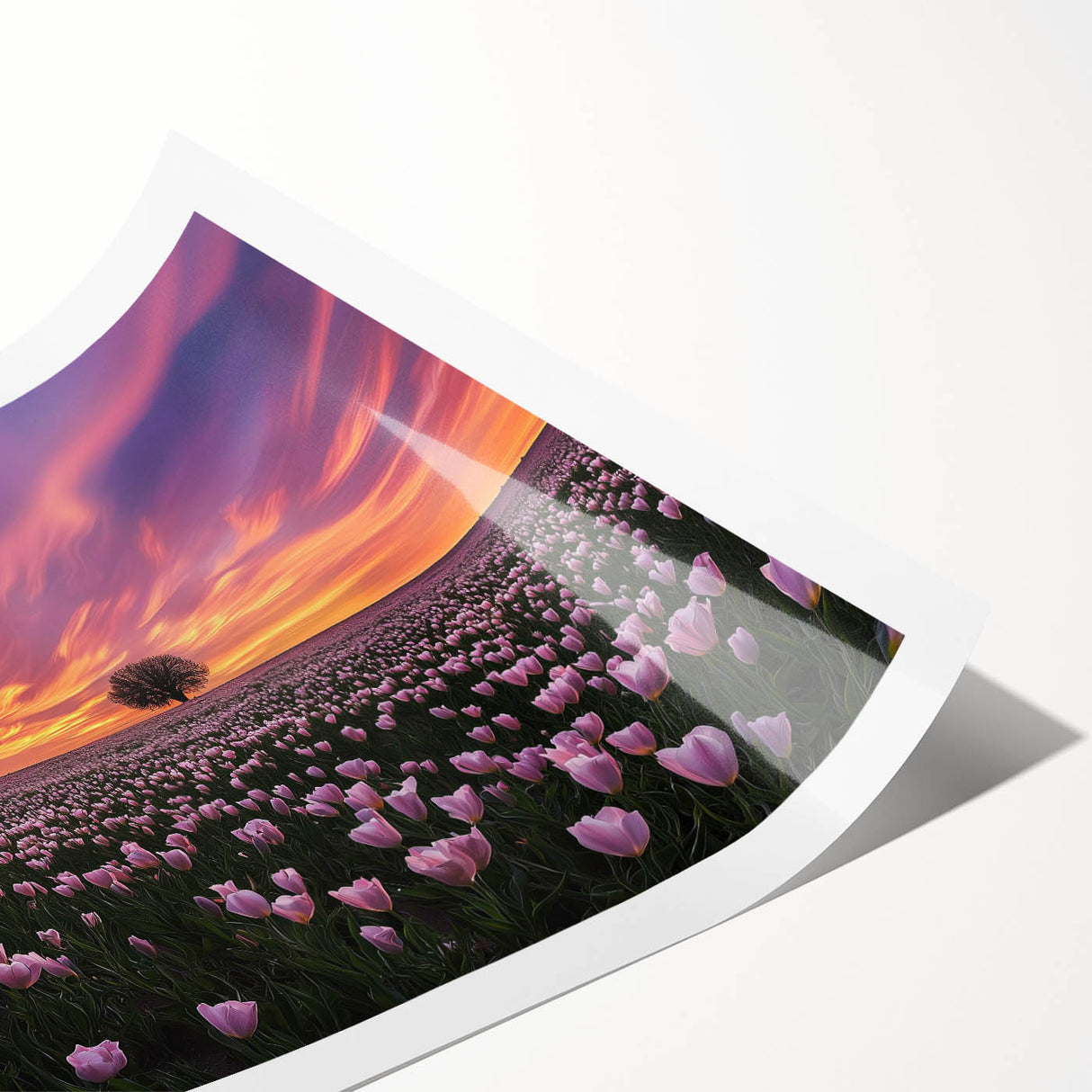 Vibrant landscape print featuring rolling green fields under a clear blue sky, elegantly rolled and packaged in a durable cardboard tube for safe transport. Perfect for modern home decor.