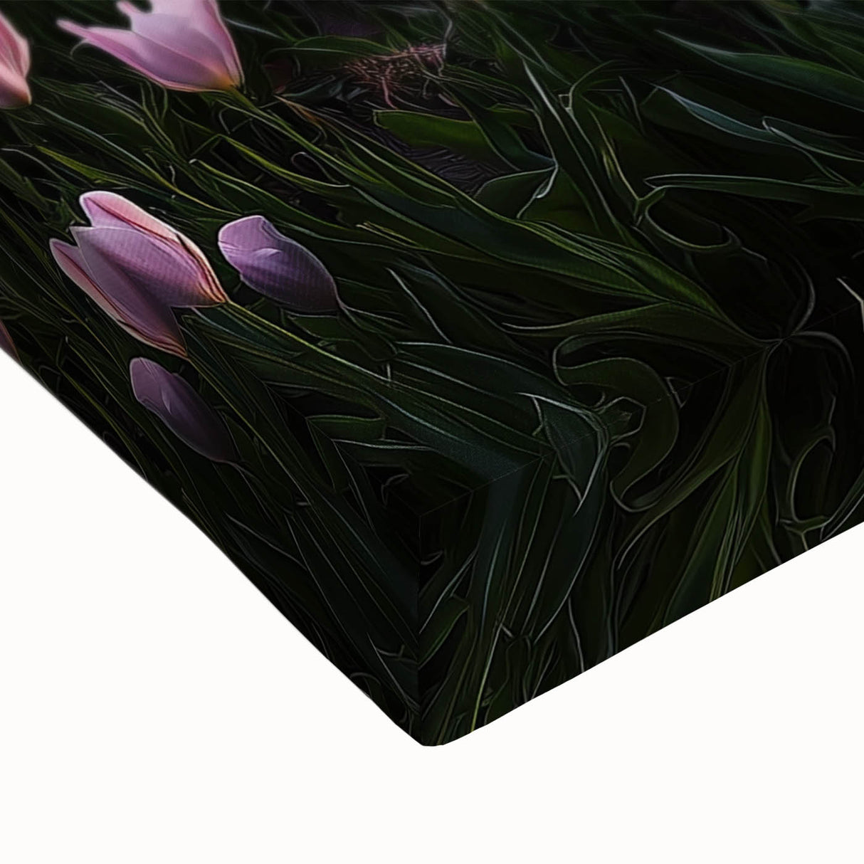 Close-up of a stretched canvas depicting vibrant green fields under a bright blue sky, showcasing intricate details of nature's landscape. Ideal for home decor.