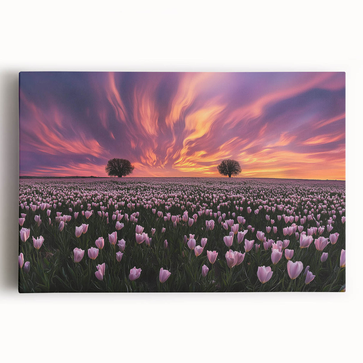 Vibrant stretched canvas artwork depicting a serene landscape with lush green fields under a bright blue sky, perfect for home decor and nature lovers.