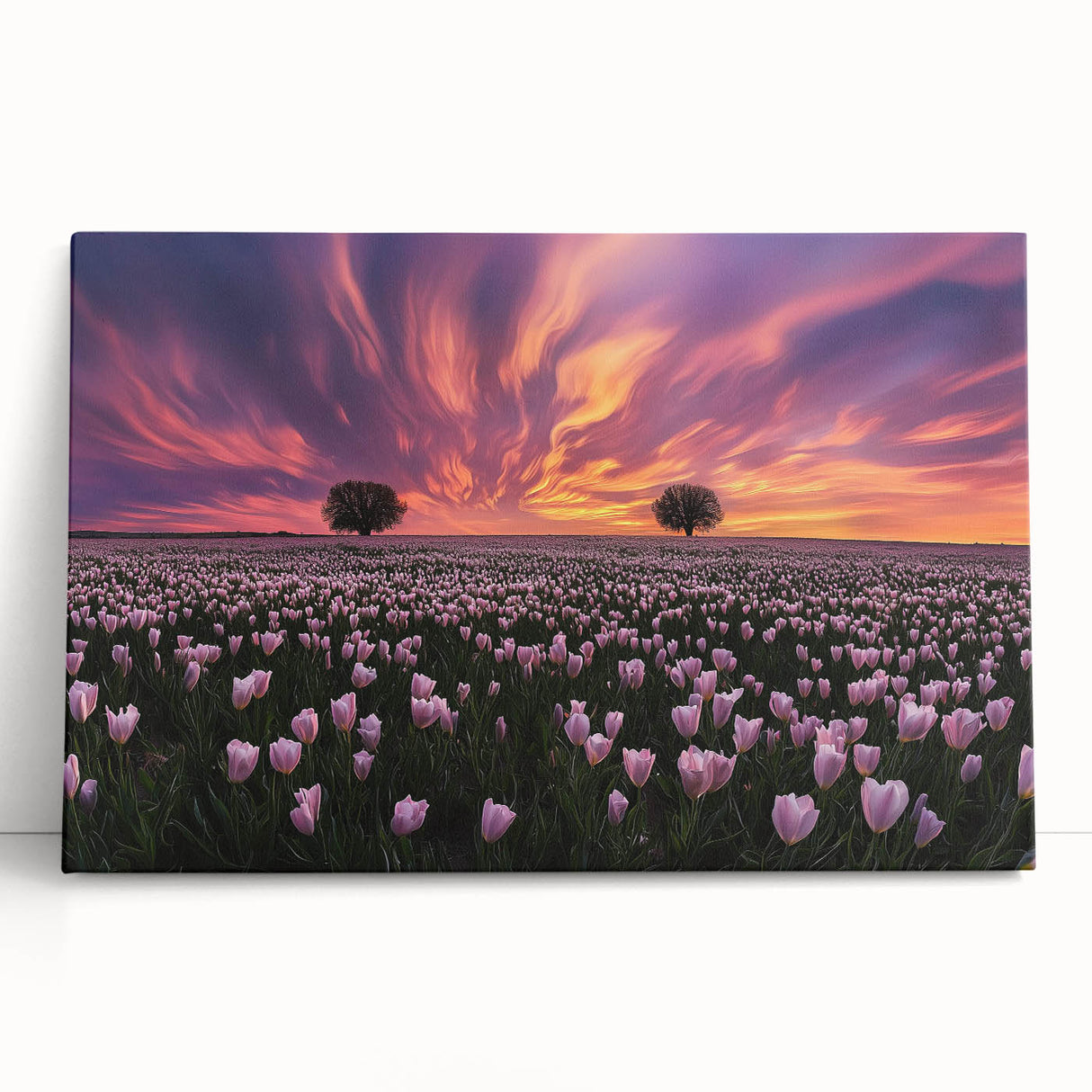 Stretched canvas artwork depicting vibrant green fields under a bright blue sky, leaning against a wall, perfect for modern home decor. Ideal for nature enthusiasts.
