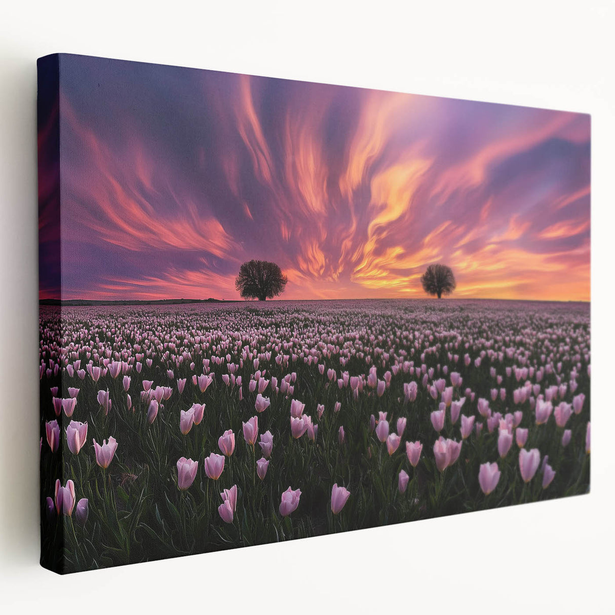Stretched canvas artwork depicting vibrant landscapes with lush green fields and a serene sky, perfect for adding a touch of nature-inspired decor to any room.