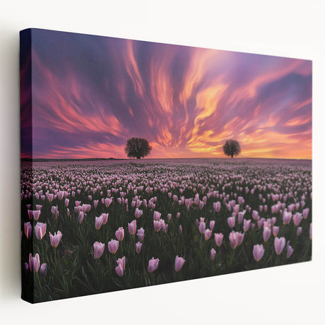 Stretched canvas artwork depicting vibrant landscapes with lush green fields and a serene sky, perfect for adding a touch of nature-inspired decor to any room.