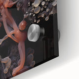 Large abstract wall art in vibrant orange and yellow tones on acrylic glass, ideal for dining room ambiance.