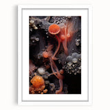 Abstract art print featuring natural close-up elements in muted earth tones, framed in white.
