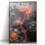 Mid-century modernist art depicting abstract shapes, in silver and gray tones, acrylic print, ideal for nursery wall art.