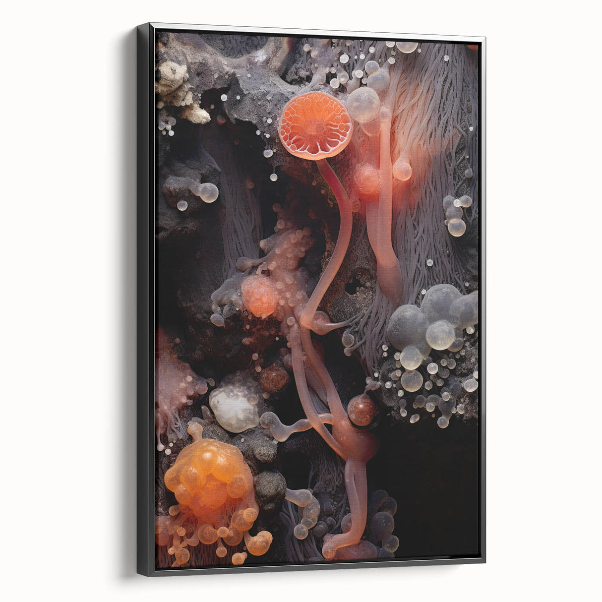 Black and white framed canvas featuring a close-up landscape scene in vintage poster style, suitable for bedroom decor.
