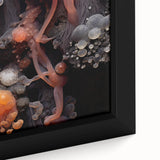 Close-up of black textured wall art featuring colorful abstract elements on a large framed canvas.