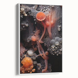 Vintage poster art on framed canvas, featuring colorful botanical elements on a black background.