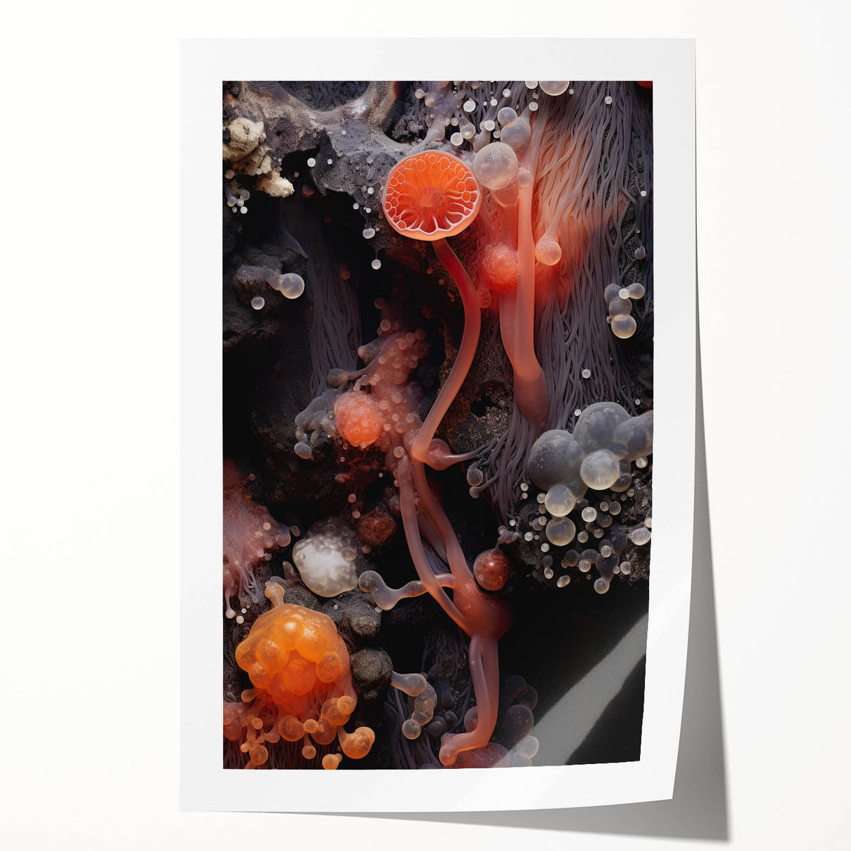 Extra large rolled print of close-up floral elements in natural tones.