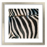 Textured abstract art print featuring close-up animal motifs in muted earth tones, framed in silver, ideal for bedroom decor.