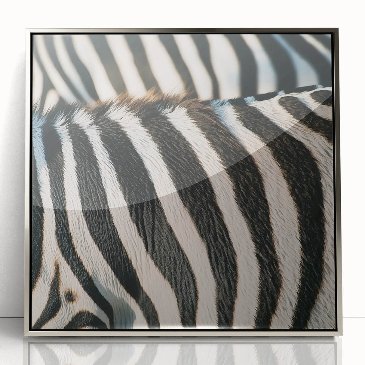 Mid-century modernist art featuring a close-up of an animal in muted earth tones, acrylic print in a silver frame.