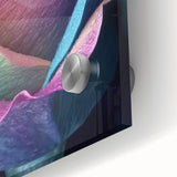 Large abstract floral art in vibrant orange and red tones on acrylic glass.