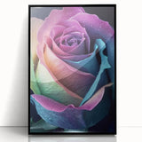 Large abstract wall art featuring close-up floral designs in vibrant colors on a black acrylic framed print.