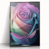 Mid-century modernist art depicting close-up florals in muted pastel shades, presented in a silver-framed acrylic.