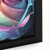 Close-up of a black framed canvas featuring colorful, textured floral designs, ideal for living room decor.
