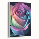 Vintage poster art of vibrant florals on a black background, framed canvas, ideal for living room decor.