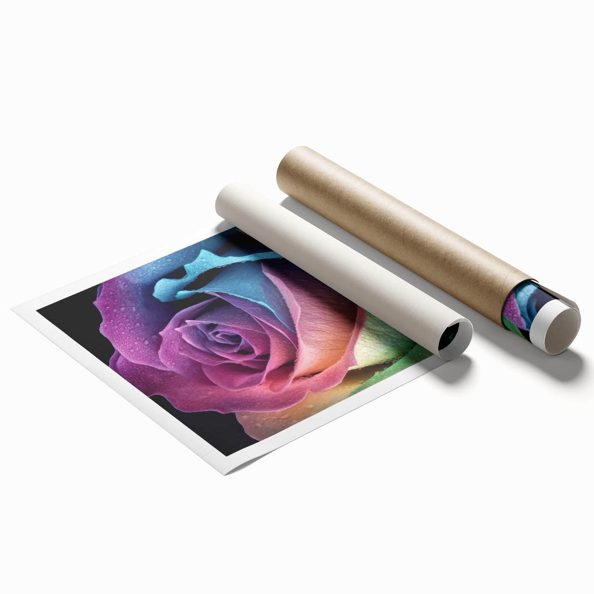 Close-up floral art on rolled print, featuring shades of pink and green.