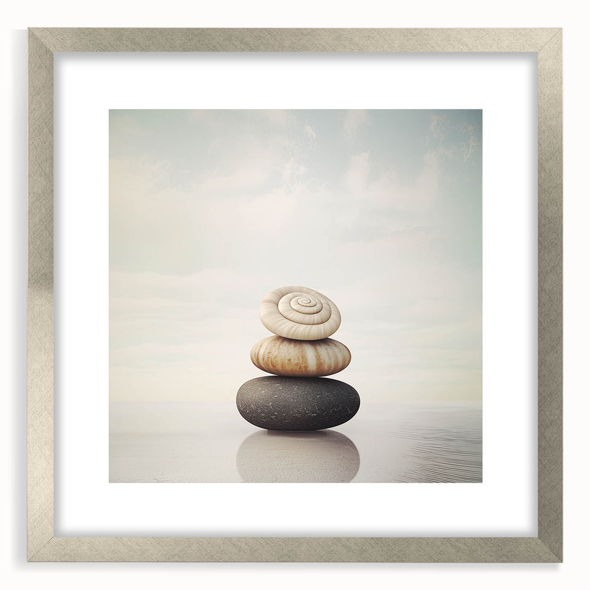 Textured art print of abstract nature elements in silver frame, using muted earth tones, ideal for bedroom art.