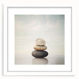 Abstract art print featuring close-ups of natural elements in muted green and brown tones, framed with a white mat.