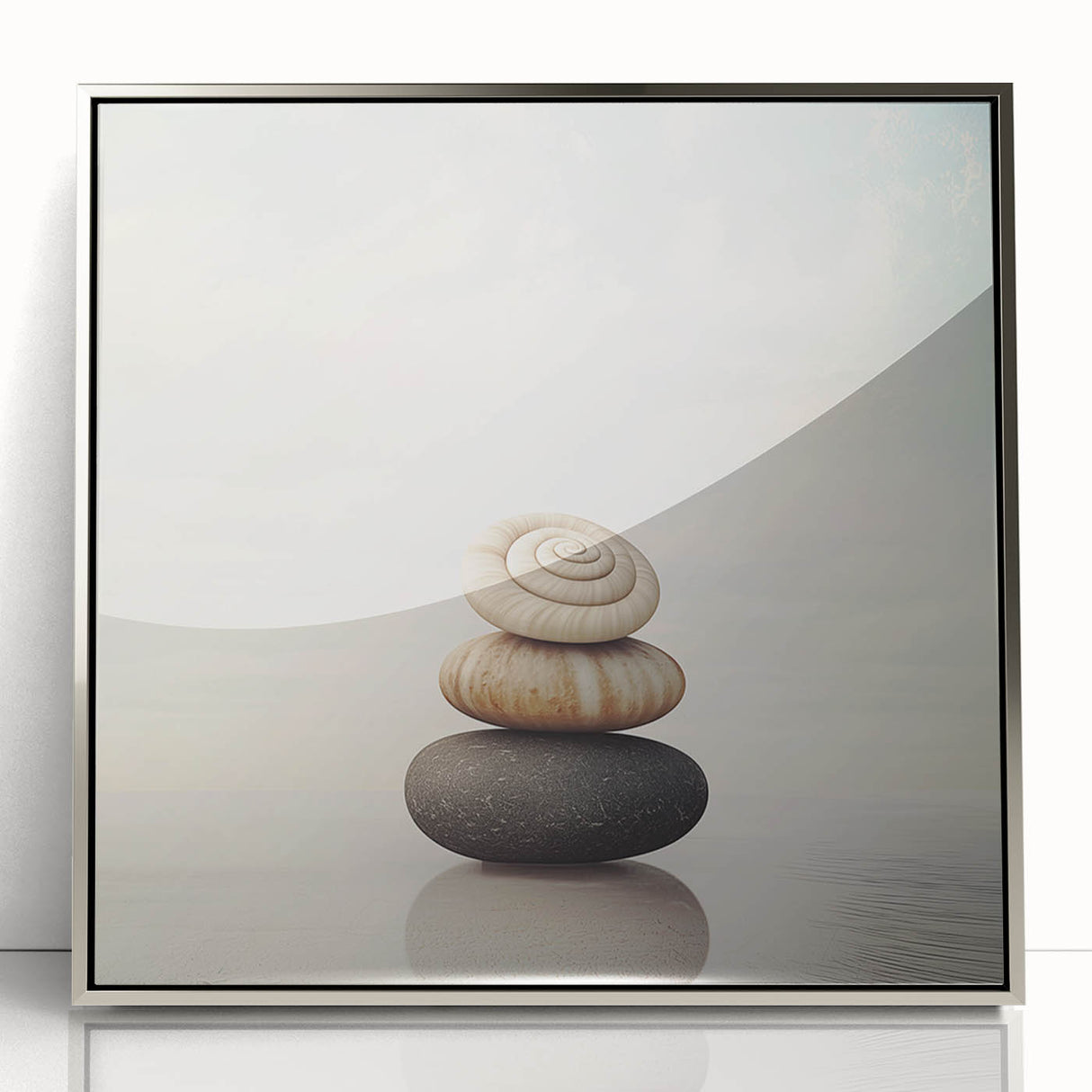 Mid-century modernist art depicting nature elements in muted greens and browns, framed in acrylic.