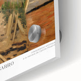 Large abstract wall art in vibrant orange and blue tones on acrylic glass, ideal for dining room ambiance.