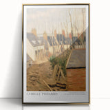 Large art print of a mid-century modernist scene featuring muted earth tones on a framed acrylic.